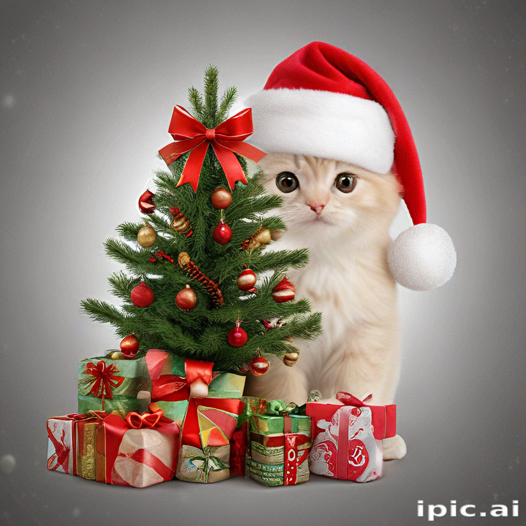 Adorable Kitten in Santa Hat Next to a Festive Christmas Tree