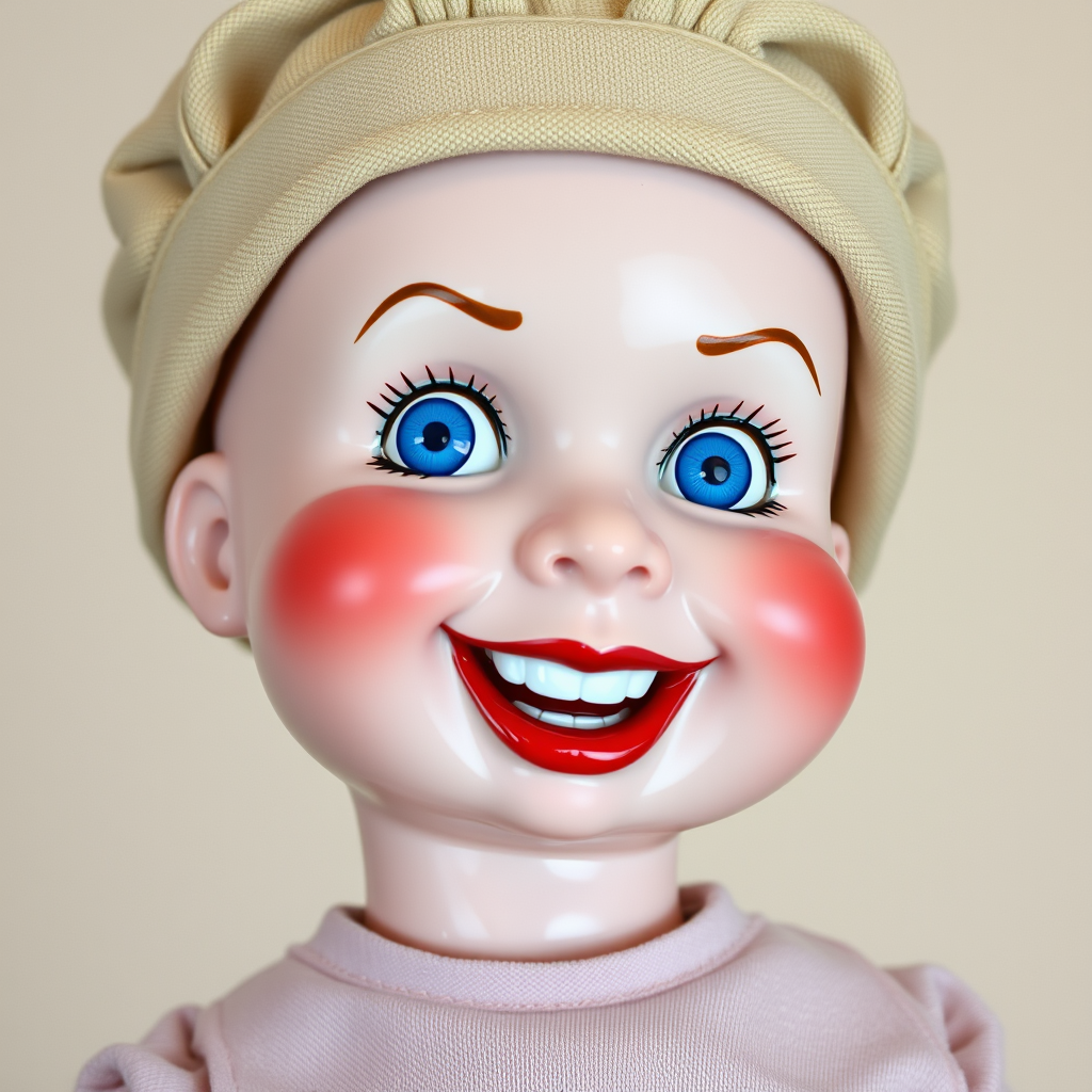 Generate a hyper-realistic image of a vintage doll with rosy cheeks, dimples, and a wide grin with red lips. The doll has bright blue, glossy eyes looking to the side, wearing a beige fabric hat. The face is shiny plastic, contrasting with the matte fabric of the clothing. The background is plain and neutral, emphasizing the doll’s unsettling expression.