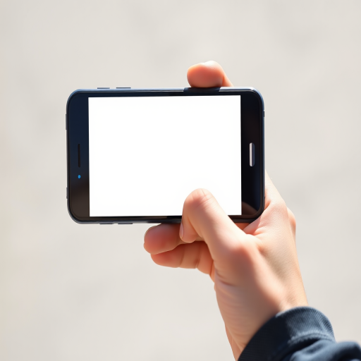 Generate an image of a hand holding a smartphone with a blank screen, close-up view, taken with a DSLR camera at f/2.8 aperture, ISO 100, 50mm lens, in bright daylight to enhance clarity and detail.