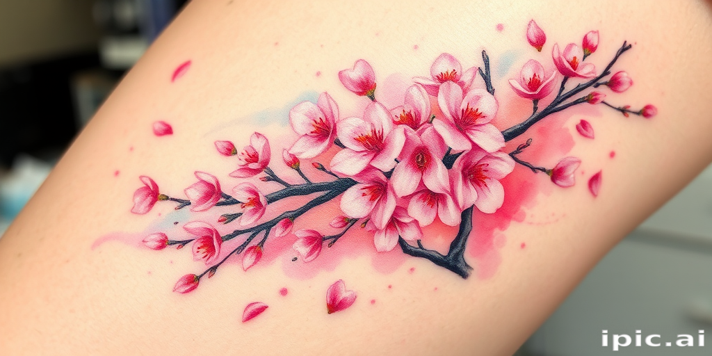 Vibrant watercolor tattoo showcasing a blooming cherry blossom tree with petals floating in the wind, featuring soft pastel hues and delicate brushstrokes, known as "Sakura Splash"