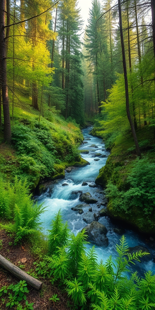 Generate a vibrant forest scene featuring a flowing river surrounded by lush greenery, with soft natural lighting; use a DSLR camera with a 24mm lens, aperture f/8, shutter speed 1/250 sec, ISO 200, in a wide-angle perspective.