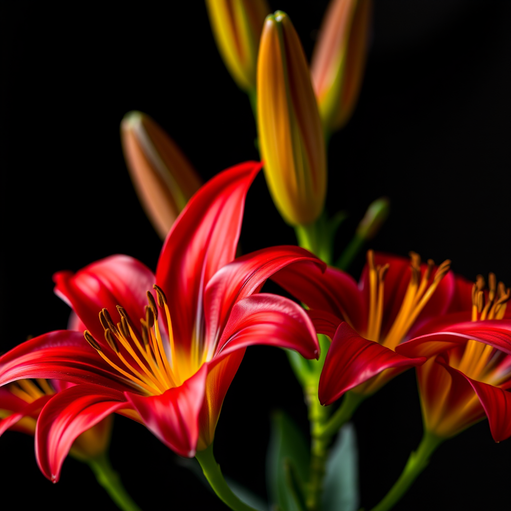 Close-up shot of vibrant red lilies with yellow accents against a dark background, shot with a Canon EOS R5, 85mm lens, f/1.8 aperture, ISO 100, natural light, shallow depth of field.