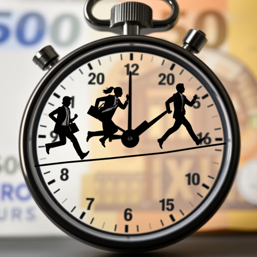 Create an image of silhouetted business people running on a large stopwatch against a blurred background of a 500 euro banknote, using a DSLR camera with a focal length of 50mm, aperture set to f/2.8 for a shallow depth of field, and a shutter speed of 1/250s for clarity and crispness.