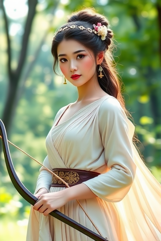 Create a portrait of a goddess-like Chinese girl figure in a tranquil, forested environment. She has an elegant appearance with long, wavy hair styled in an updo and adorned with a delicate, floral headband. She wears a flowing, ancient Greek-inspired gown in a soft, pale color, featuring a one-shoulder design and draped fabric that accentuates her graceful form. The outfit includes a decorative belt with ornate gold detailing, and she holds a bow in her hand, with a quiver of arrows slung over her shoulder. The background depicts lush greenery, with sunlight filtering through the trees, casting a gentle, ethereal light on the scene. Her expression is calm and contemplative, embodying a sense of wisdom and serenity.