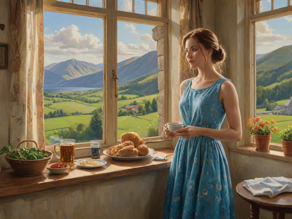 In "A Glass of Beer on the Highland," a serene scene is depicted in a sunlit room where a woman in a vibrant blue dress stands by a large window. She holds a tray with a hearty meal and a frothy glass of beer, embodying a moment of relaxation. Outside, the breathtaking highland landscape features rolling green hills and a charming traditional house, all bathed in warm afternoon light. The interior is adorned with potted plants, creating a harmonious blend of comfort and nature. The painting beautifully captures the tranquility and joy found in simple pleasures amidst stunning scenery