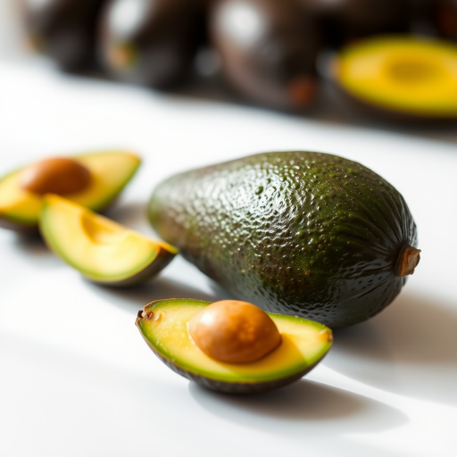 avocado on a white background, macro photography, f-stop 2.8, ISO 100, 50mm lens, soft natural lighting, shallow depth of field, DSLR camera