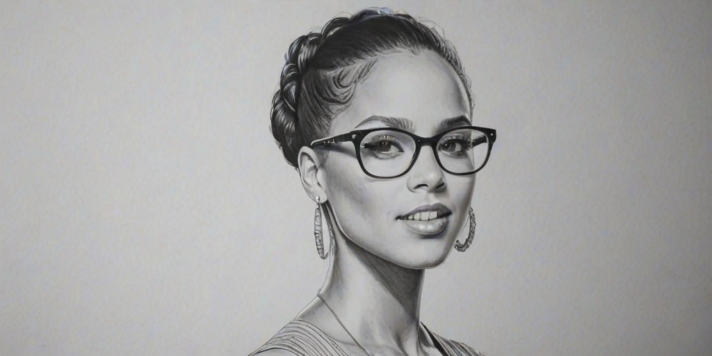 Delightful Alicia Keys, pencil sketch, portrait of Enchanting woman 1926s in glasses, hair style beatnik, outline, clear lines, fine lines, 8k