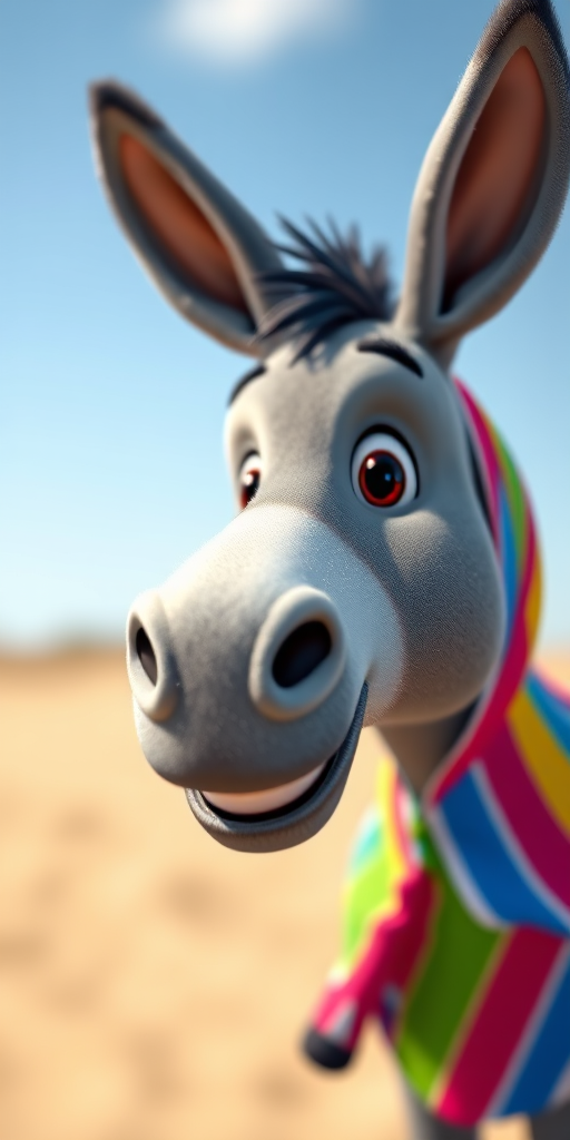 Create a vibrant and playful illustration of a cartoon donkey wearing a colorful striped poncho, focusing on a clean background with depth of field; camera settings: f/2.8 aperture, ISO 100, 1/250 sec shutter speed; camera view: eye level, camera style: realistic animation, camera type: digital SLR.