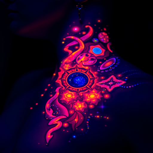 Cosmic blacklight tattoo revealing hidden elements under UV light, intricate space-themed designs with glowing nebulae and stars, mysterious and interactive body art experience