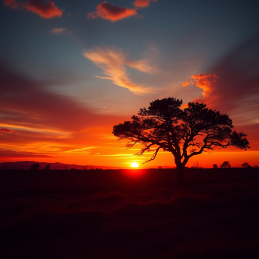 Create a vibrant sunset landscape with a silhouette of a tree, shot with a DSLR camera at f/8 aperture, ISO 100, 1/200 sec shutter speed, in a wide-angle view, emphasizing warm colors and high contrast for dramatic effect.