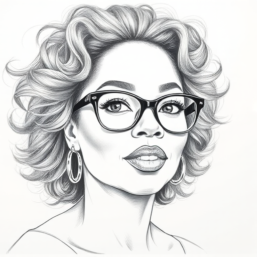 Beautiful Oprah Winfrey, pencil sketch, portrait of beautiful woman 60s in glasses, hair style beatnik, outline, clear lines, fine lines, 8k