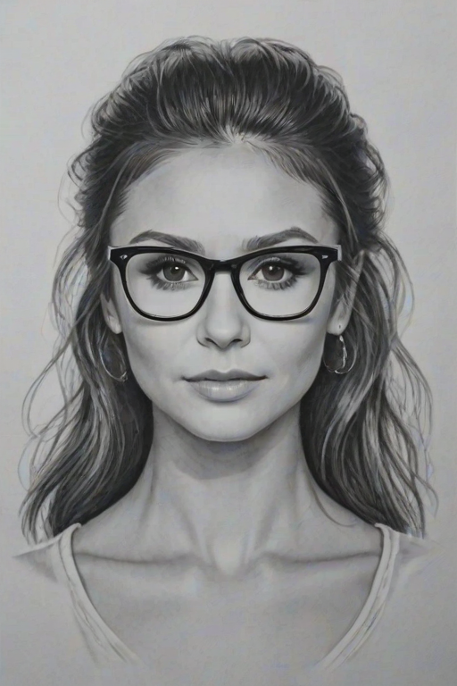 Lovely Nina Dobrev, pencil sketch, portrait of Stunning woman 1952s in glasses, hair style beatnik, outline, clear lines, fine lines, 8k