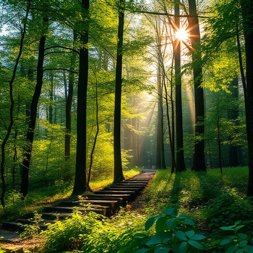 Create an image of a peaceful forest scene during early morning with soft sunlight filtering through the trees, using a Canon EOS R5, 50mm lens, f/1.8 aperture, ISO 200, natural lighting, shallow depth of field, vibrant colors, focusing on the lush greenery and dappled light.