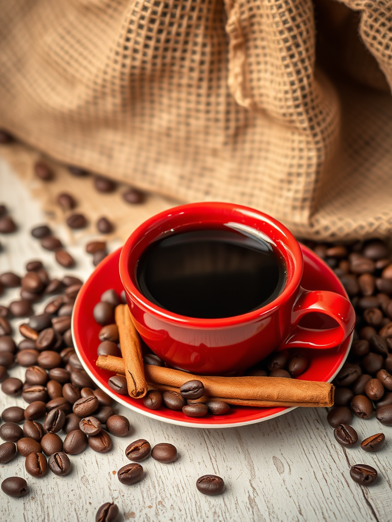 A close-up shot of a red coffee cup filled with black coffee on a saucer surrounded by coffee beans and a cinnamon stick, with a burlap sack in the background, captured with a DSLR camera at f/2.8, ISO 200, 1/60 sec, natural light for enhanced detail and texture.