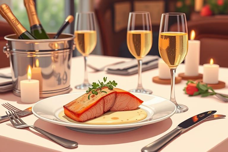 create an illustration of an elegant dinner setting featuring a beautifully plated salmon dish with creamy sauce, a bucket of champagne, two champagne flutes, and romantic candles, using a Canon EOS R5 with a 50mm f/1.2 lens, aperture set to f/2.8, ISO 100, and natural lighting for a soft, inviting ambiance