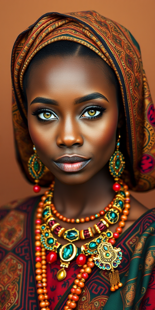 Create a portrait of a beautiful Igbo woman with striking green eyes and a gentle expression. She is adorned in traditional attire with intricate patterns, including a richly embroidered headscarf and matching garments. Her jewelry includes a delicate headpiece, dangling earrings, and ornate bracelets, all featuring vibrant gemstones and detailed metalwork. The background is soft and warm, enhancing the rich colors of her outfit and jewelry.