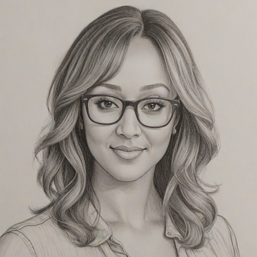 Appealing Tamera Mowry, pencil sketch, portrait of Beauteous woman 1975s in glasses, hair style beatnik, outline, clear lines, fine lines, 8k