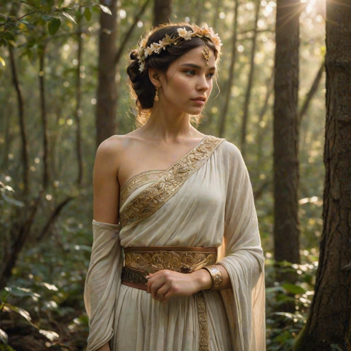 Create a portrait of a goddess-like Inca girl figure in a tranquil, forested environment. She has an elegant appearance with long, wavy hair styled in an updo and adorned with a delicate, floral headband. She wears a flowing, ancient Greek-inspired gown in a soft, pale color, featuring a one-shoulder design and draped fabric that accentuates her graceful form. The outfit includes a decorative belt with ornate gold detailing, and she holds a bow in her hand, with a quiver of arrows slung over her shoulder. The background depicts lush greenery, with sunlight filtering through the trees, casting a gentle, ethereal light on the scene. Her expression is calm and contemplative, embodying a sense of wisdom and serenity.