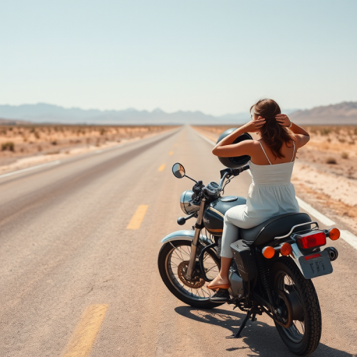 Empty desert road stretching to the horizon, a vintage motorcycle parked on the side as a woman pulls off her helmet, taking in the vast, open landscape.