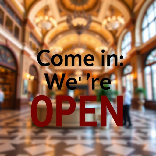 Create an image featuring a stylized text that says "Come in We're OPEN" in a modern font, set against a softly blurred background of a vibrant, spacious interior with elegant architecture, using a DSLR camera with a 50mm lens, aperture set to f/1.8 for a shallow depth of field, ISO 200 for minimal noise, and a low angle view to emphasize the text against the background.