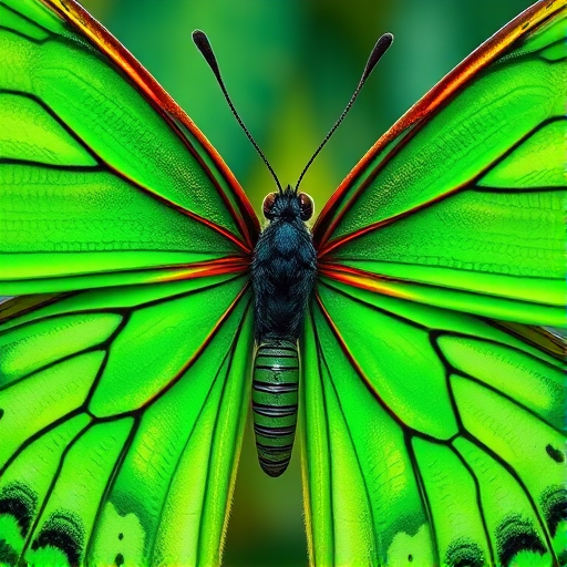 Create a vibrant green butterfly illustration with intricate wing patterns, focus on a symmetrical design, use a DSLR camera with an aperture of f/4, a shutter speed of 1/200s, captured from a macro view, using a natural light setting to enhance color vibrancy and detail.
