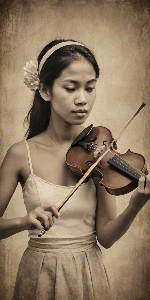 a young Cambodian woman with a white headband playing a violin, in the style of a charcoal drawing, sepia grunge background