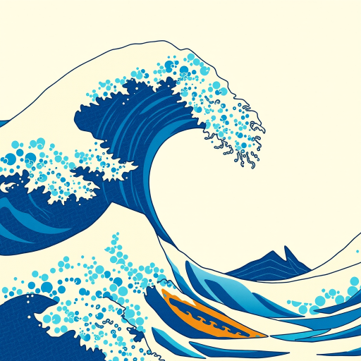 Create a high-resolution illustration of a large, stylized wave similar to "The Great Wave off Kanagawa" featuring bold blue tones and intricate details, using a DSLR camera with a 50mm lens at f/4 aperture, ISO 200, and a soft light setup for enhanced clarity and vibrancy.