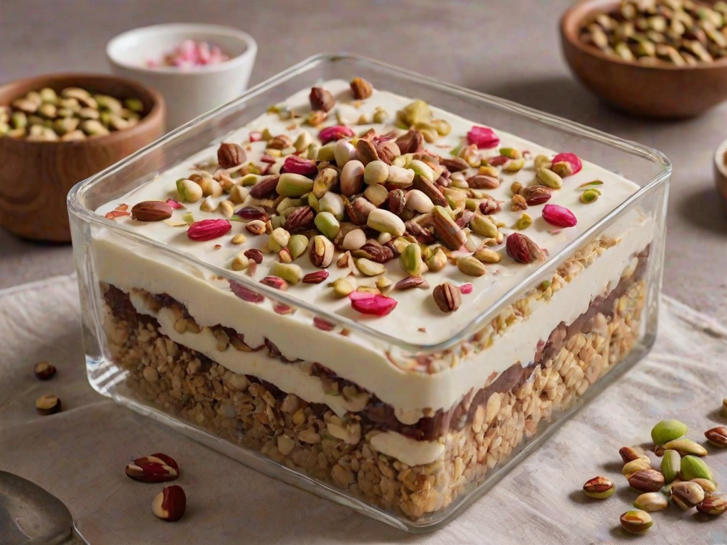 Create an image of a layered dessert in a transparent square container. The dessert has a creamy white layer, a brown cake layer, and is topped with round, glossy brown sweets. Sprinkle the top with chopped nuts, rose petals, and pistachios for decoration. Include a wooden bowl filled with similar brown sweets in the background. The setting is warm and inviting.