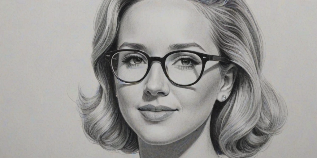 Appealing Anna Camp, pencil sketch, portrait of Magnificent woman 1965s in glasses, hair style beatnik, outline, clear lines, fine lines, 8k