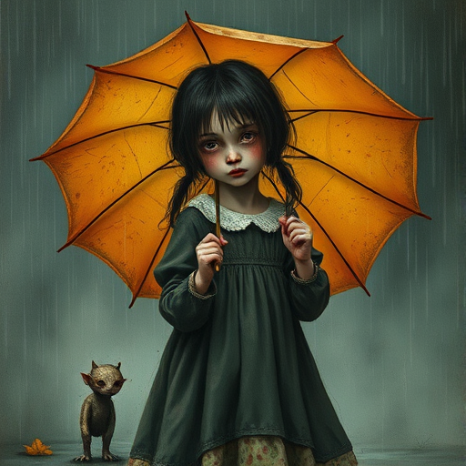An eerie, weird little girl with dark hair in thin pigtails, wearing a smock dress, standing in the rain, holding a dirty orange umbrella, a small, odd creature beside her. In a surreal style inspired by Nicoletta Ceccoli and Brian Froud. Dark fantasy themes