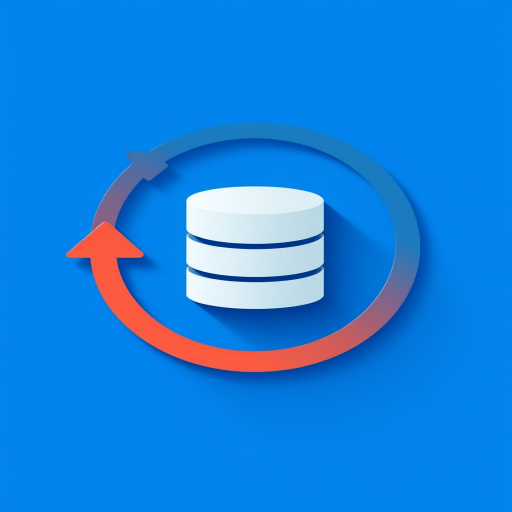 Create a flat design logo depicting a database with a circular arrow around it on a blue background, using a 50mm lens, f/1.8, ISO 100, in a studio setting with soft diffused lighting.