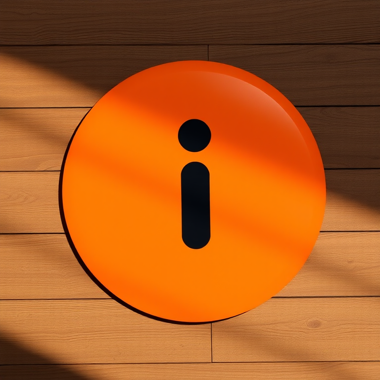 Create a high-resolution image of a large orange circular logo with a black lowercase "i" in the center, using a DSLR camera with ISO 100, f/2.8 aperture, and a 50mm lens, shot in a flat lay style with natural lighting for enhanced clarity.