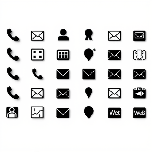 Create a high-resolution graphic design featuring a grid of simple black icons representing user information such as name, address, phone, mail, location, and web; use a Canon EOS R5 with a 50mm lens, aperture f/2.8, ISO 100, positioned at eye level with a clean, minimalistic background to enhance clarity and contrast.