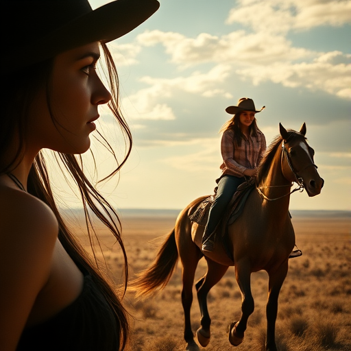 "Create a Double exposure", a silhouette "profile portrait of a young cowgirl" with long hair "superimposed" against a long shot of a cowgirl riding a horse across the plains, fantastic view, 32k, cinematic, hyper-realistic.