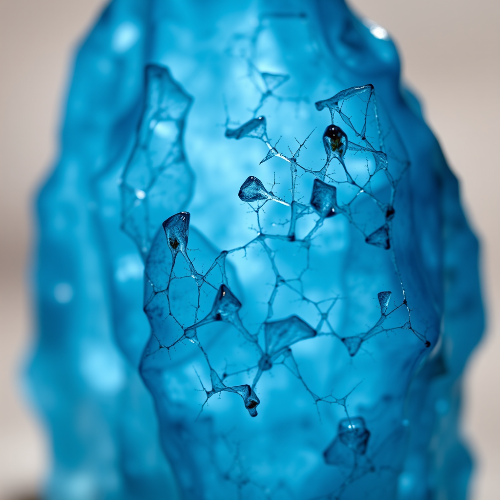 High-resolution macro shot of a blue crystal with intricate details, natural lighting from behind, f/2.8 aperture, ISO 100, 85mm lens, soft focus background, capture using a full-frame DSLR camera.