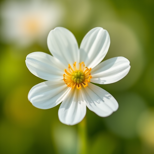 macro shot of a delicate white flower with vibrant yellow center against a softly blurred green background, f/2.8 aperture, 1/100 sec shutter speed, ISO 200, shot on a full-frame DSLR camera with a 100mm lens in natural morning light