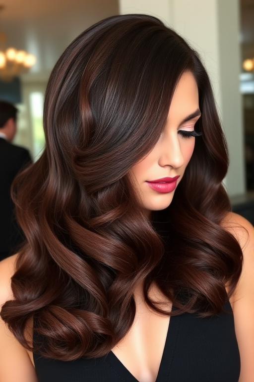 Luxurious chocolate cherry ombre styled in glamorous old Hollywood waves, with a deep side part and glossy finish for red carpet readiness