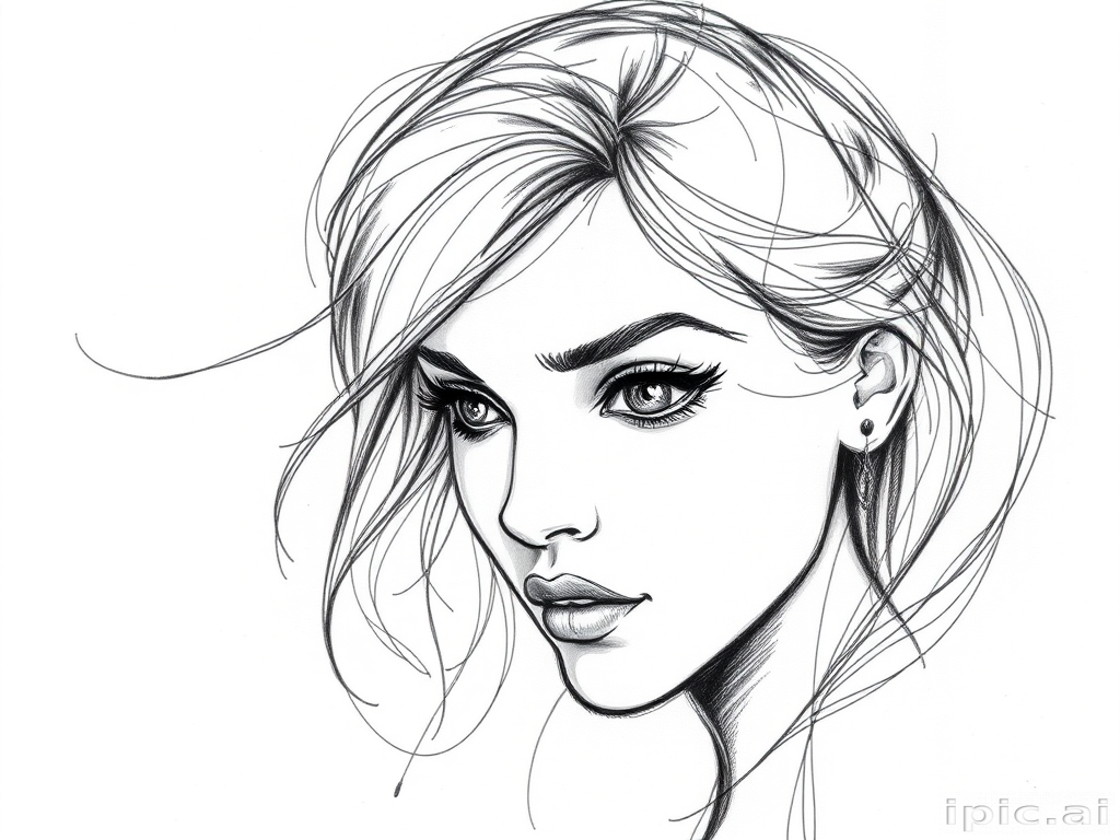 Sketch-style tattoo artwork called "Artist's Muse" using loose expressive lines and crosshatching techniques to create a dynamic design that resembles a pencil drawing brought to life on the skin