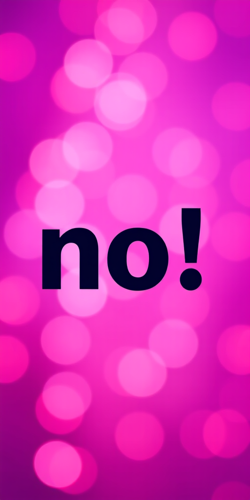 Create an image featuring the word "no!" in bold, dramatic typography against a vibrant purple and pink background with soft bokeh lights; use a Canon EOS R5, 50mm lens, aperture f/1.8, ISO 100, and a shallow depth of field to enhance focus on the text while softly blurring the background.