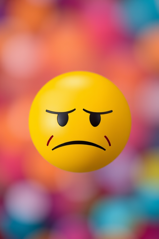 Create a high-resolution image of a yellow smiley face emoji with a skeptical expression, positioned in the center of a vibrant, blurred background; use a DSLR camera, aperture set to f/2.8 for a shallow depth of field, ISO 100 for minimal noise, and a focal length of 50mm to capture details clearly.