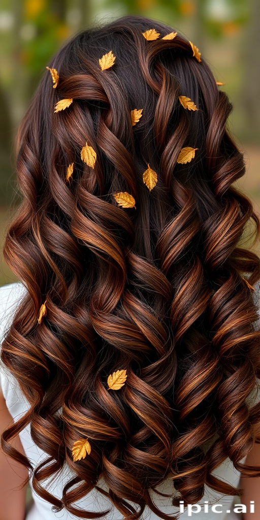 Luscious chocolate brown curls tumble down her back, interwoven with subtle caramel highlights and adorned with tiny golden leaf accents, creating a enchanting forest-inspired look.