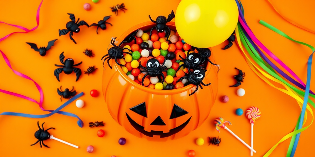 Create an overhead view of a Halloween themed scene featuring an orange pumpkin bucket with a smiling face filled with black spider decorations and colorful candy. Surround the bucket with small black bats, plastic eyeballs, a yellow balloon, and colorful streamers all against a bright orange background. Include a few small plastic insects and lollipops for added detail.