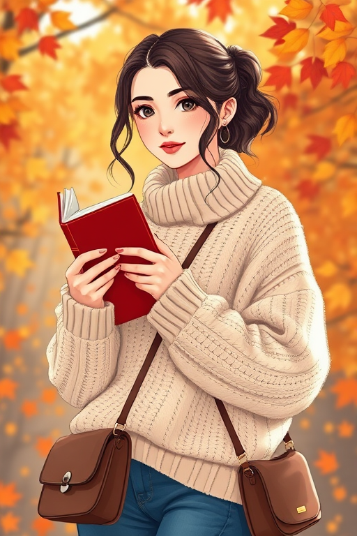 Create an illustration of a young woman holding a book and wearing a cozy oversized sweater, with a stylish shoulder bag, surrounded by colorful autumn leaves, using a Canon EOS R with a 50mm lens, f/2.8 aperture, ISO 200, natural lighting, and a soft-focus background for enhanced image quality.