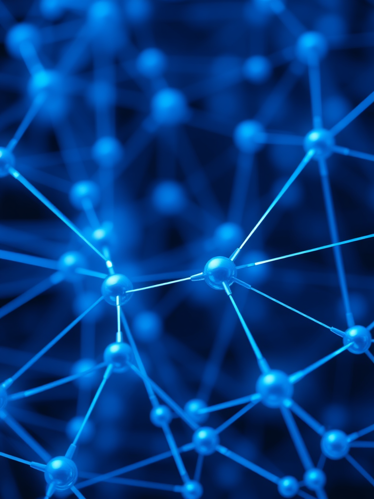 Create an image of interconnected digital nodes with a modern blue color scheme and glossy effects, using a Canon EOS 5D Mark IV camera with a 50mm lens at f/1.8, ISO 100, and natural lighting to enhance image clarity and depth.