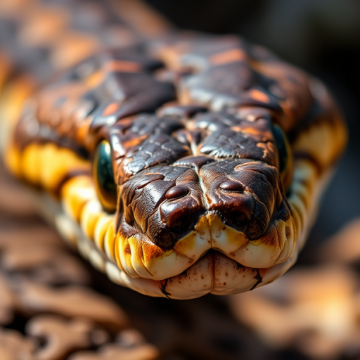 Close-up of a rattlesnake's head showcasing its textured scales, photographed with a DSLR camera using a 100mm macro lens, aperture f/2.8, shutter speed 1/250s, ISO 200, natural lighting, shallow depth of field.