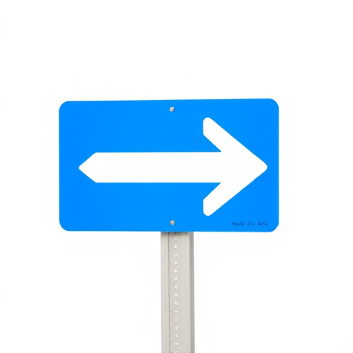 create an image of a blue directional right arrow sign on a clean white background, use a Canon EOS 5D Mark IV camera with a 50mm f/1.8 lens, aperture at f/4, shutter speed at 1/200s, ISO 100, focus on the arrow with a slight blur on the background to enhance clarity