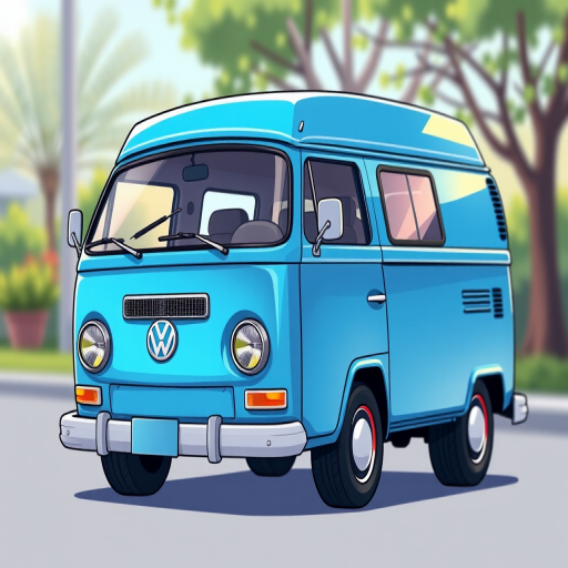 Create a high-resolution illustration of a cartoon-style blue van with vibrant colors, captured using a DSLR camera with a 50mm lens, aperture set to f/1.8 for a shallow depth of field, in a front-left angle view, with soft natural lighting to enhance details and textures.