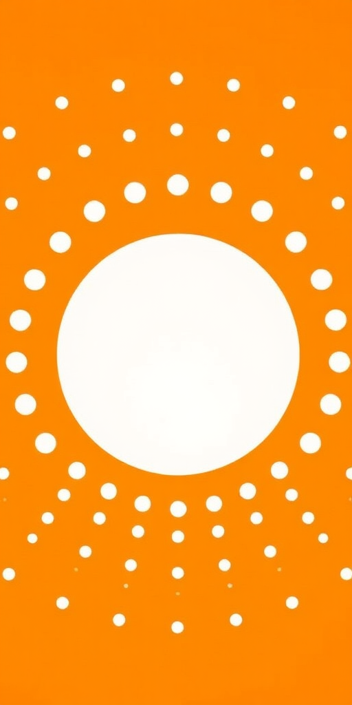 Create a vibrant orange background with a large white circle in the center surrounded by evenly spaced white dots, using a DSLR camera with a 50mm lens, aperture set to f/1.8, ISO 100, and a shallow depth of field for enhanced focus on the circle and dots.