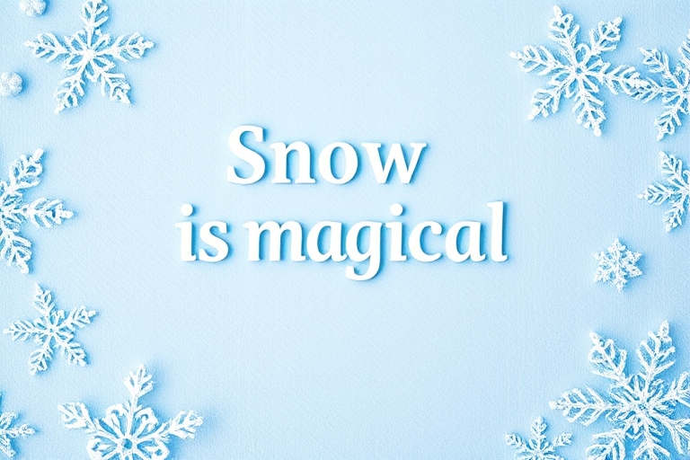 Create a high-resolution image featuring the phrase "Snow is magical" framed by intricate snowflakes on a soft, textured, light blue background, captured with a DSLR camera at f/2.8, ISO 100, with a 50mm lens, in natural light, with a shallow depth of field to enhance the overall warmth and clarity of the scene.