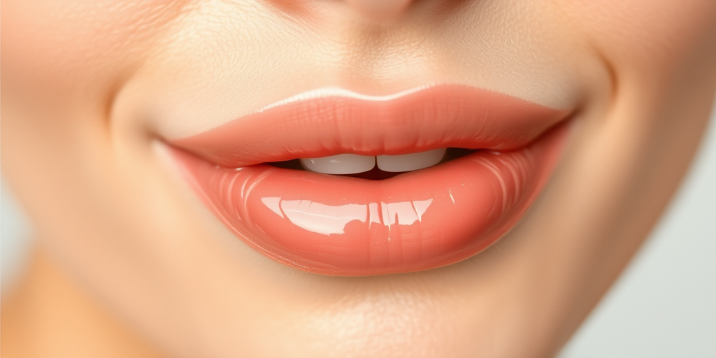 Glossy nude lips with a hint of peach, natural-looking and subtly enhanced, perfect for a fresh-faced and effortlessly chic appearance